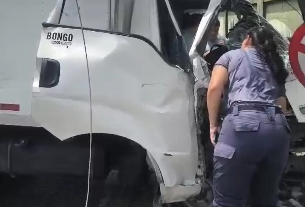 Caminhão colide com poste após motorista perder o controle na Efigênio Salles